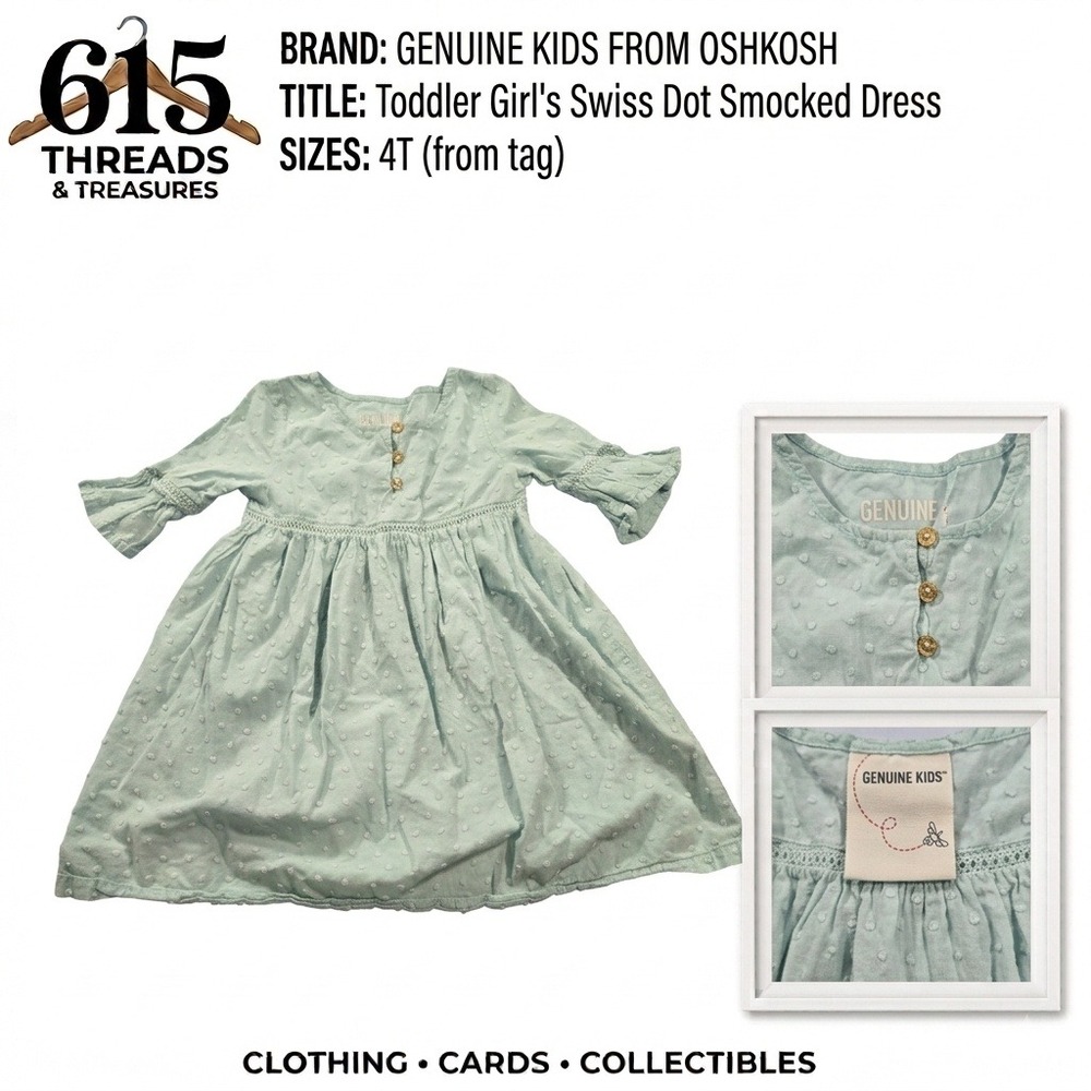 Genuine Kids OshKosh Toddler Girls Swiss Dot Smocked Dress Aqua Blue 4T